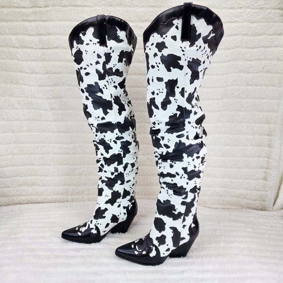 Western White & Black Cow Print OTK Thigh High Slouch Cowboy Boots - Picture 8 of 13